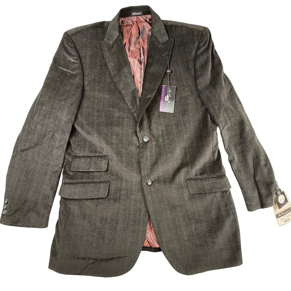 Club International Mens 44L Blazer Jacket Black Gray Grid Cotton Paisley Lining